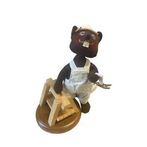 Handcrafted Annalee 2002 Beaver Doll With Wooden Base & Tools